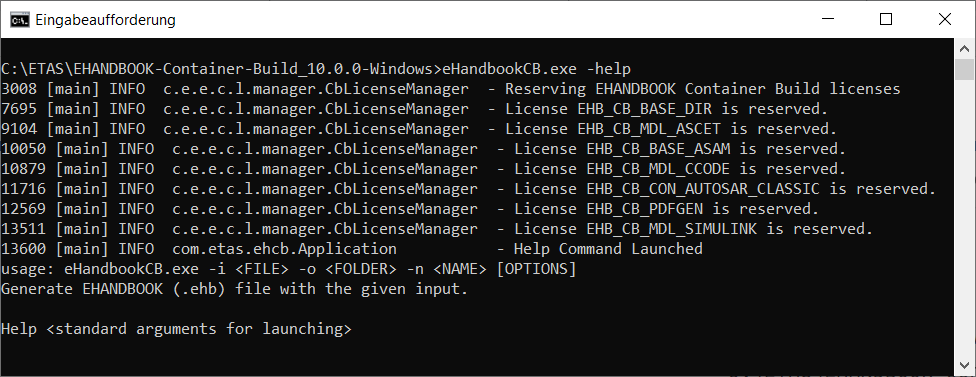 Show help for EHB-CB command-line tool