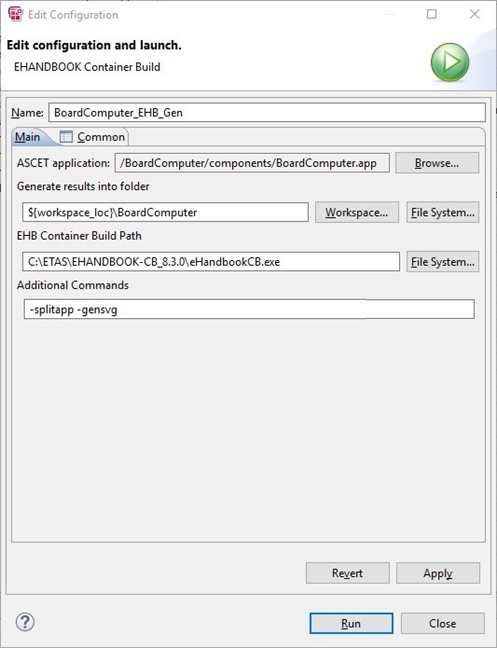 ascet7 boardcomputer new launch config dialog filled