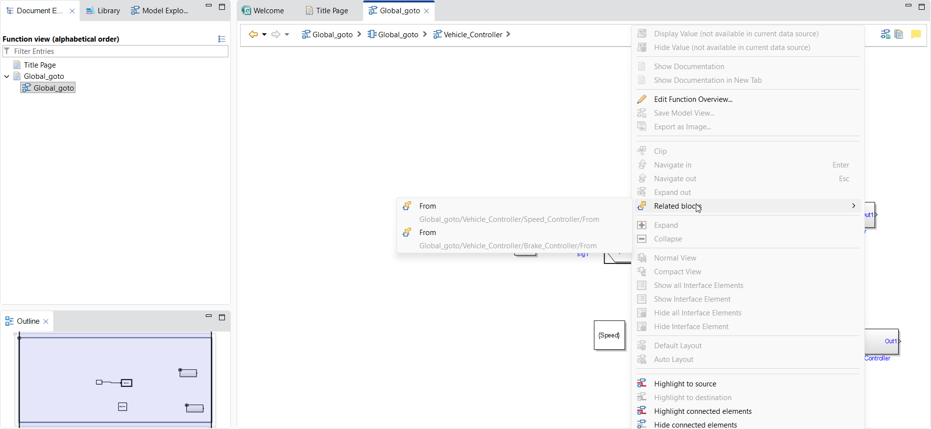 Context menu showing Related Blocks section
