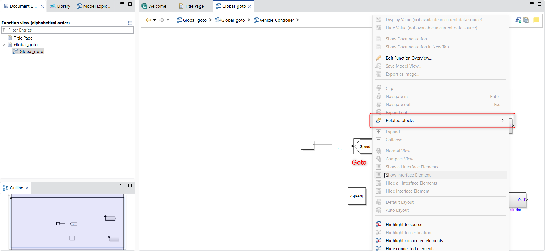 Right-click context menu for From/Goto block