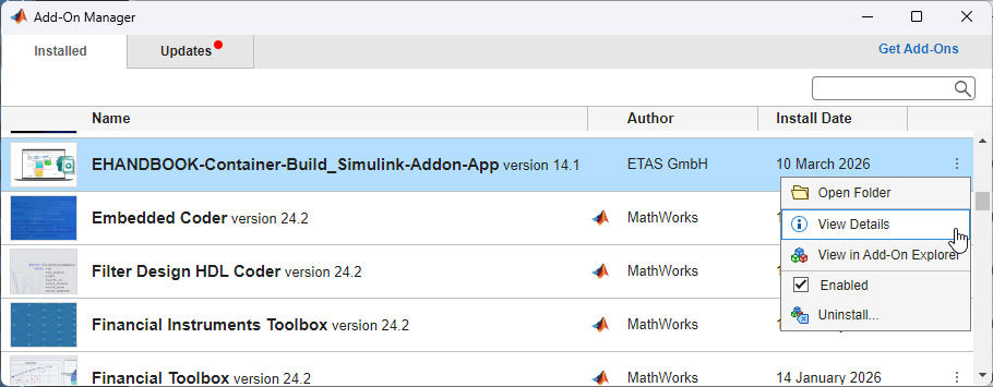MATLAB Add-on Manager View Details