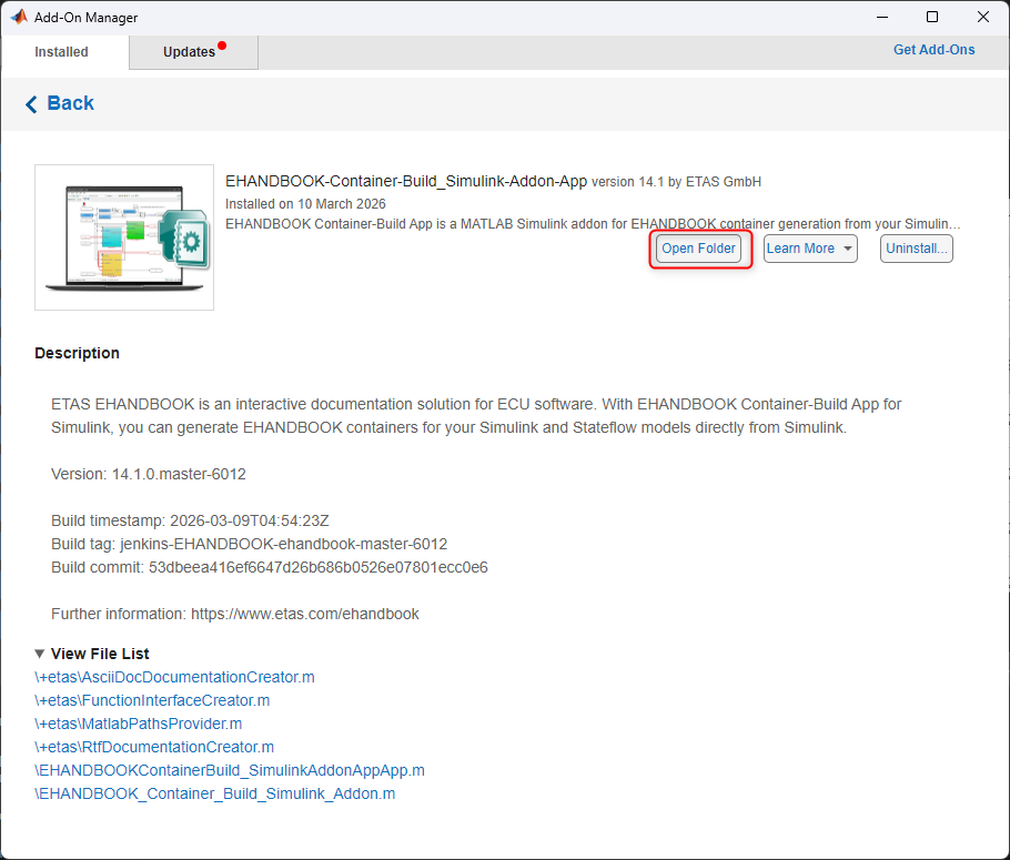 MATLAB Add-on Manager Details Showing EHANDBOOK Container-Build Toolbox for Simulink