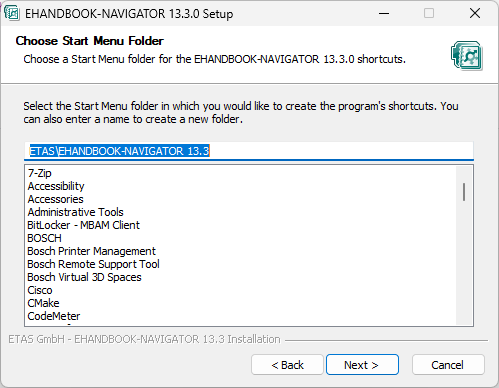 Choose Start Menu Folder