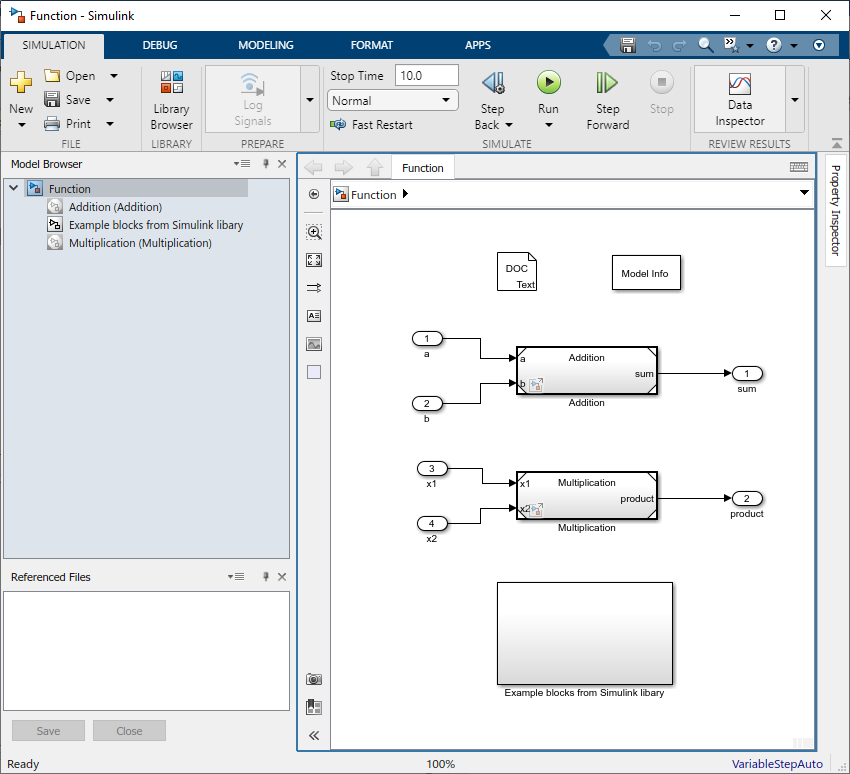 Example Simulink Model with Referenced Models and Library Blocks